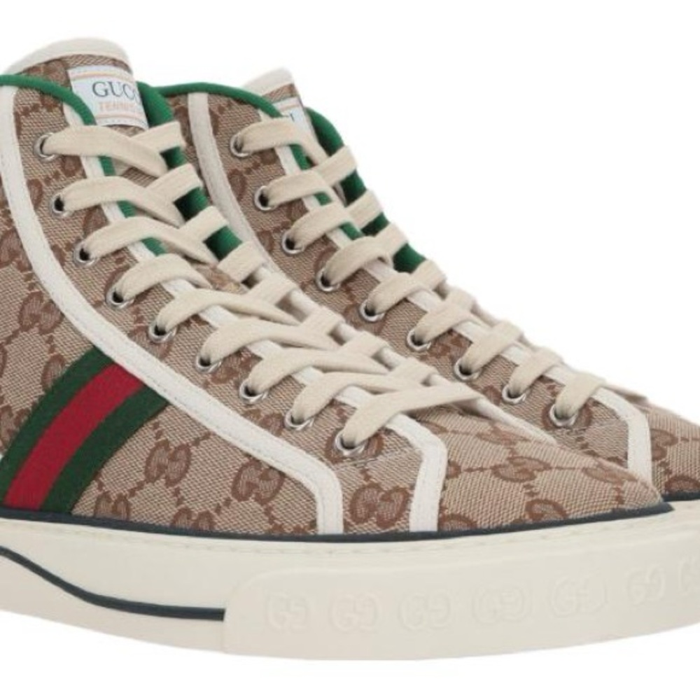 Authentic Gucci Beige and Green High-Top Sneakers